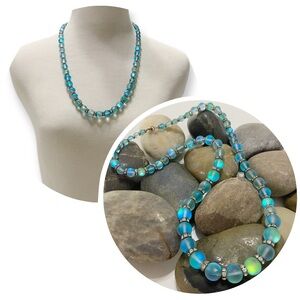Handmade Teal Blue Mermaid Glass and Rhinestone Artisan Beaded 26 Inch Necklace